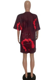 Red Fashion Casual Print Basic O Neck T-shirt Dress