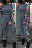 Blue Fashion Casual Patchwork Sequins Hooded Collar Long Sleeve Two Pieces