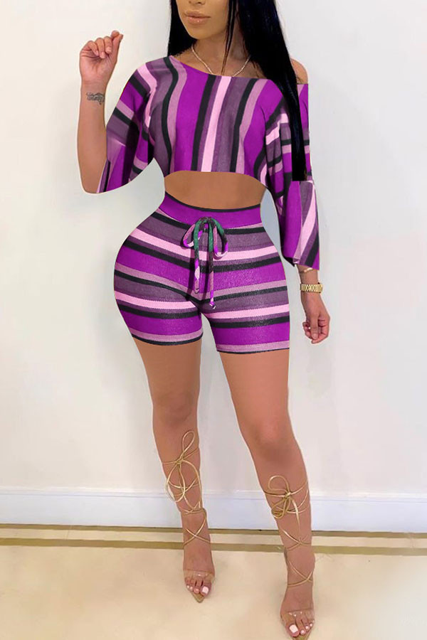 purple Fashion Sexy adult Ma'am One Shoulder Collar Print Two Piece Suits Stitching Plus Size