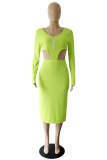 Fluorescent Green Sexy Solid Hollowed Out V Neck Pencil Skirt Dresses