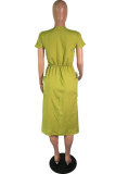 Light Green Polyester Fashion Sexy Cap Sleeve Short Sleeves O neck Straight Knee-Length Solid Patchwork fastener