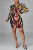 Gold Fashion Sexy Patchwork Sequins V Neck Long Sleeve