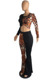 Black Sexy Leopard Patchwork O Neck Long Sleeve Two Pieces
