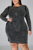 Black Sexy Work Daily Rhinestone Tatting Print Solid Sequins O Neck A Line Plus Size