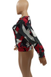 Red Sexy Print Camouflage Print O Neck Mid Waist Tops