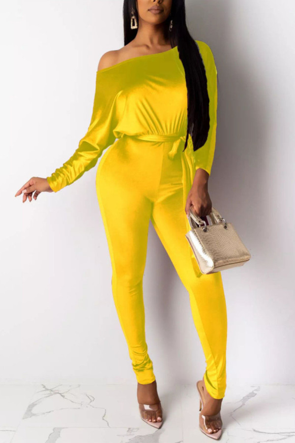 Yellow Fashion Print Bateau Neck Jumpsuits