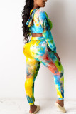 Yellow Polyester Fashion Casual adult Ma'am Tie Dye Two Piece Suits pencil Long Sleeve Two Pieces