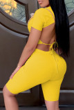 Yellow Sexy Solid Frenulum Backless O Neck Short Sleeve Two Pieces
