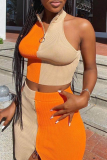 Tangerine Red Sexy Solid Patchwork Turndown Collar Sleeveless Two Pieces