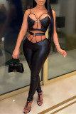 Black Fashion Sexy Solid Hollowed Out Split Joint Backless Spaghetti Strap Sleeveless Two Pieces