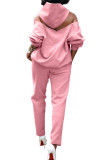 Pink Fashion Casual Adult Polyester Solid Backless Hooded Collar Long Sleeve Off The Shoulder Two Pieces