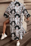 Black And White Sexy Casual Print Turndown Collar Long Sleeve Two Pieces
