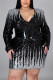 Silver Fashion Casual Plus Size Patchwork Sequins V Neck Long Sleeve Dress(Without Belt)