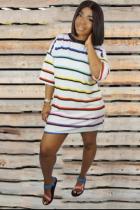 White Polyester Casual Fashion adult Cap Sleeve Half Sleeves O neck Step Skirt Mini Striped Beading Patchw