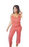 Red Milk Silk Hollow Out Sashes Backless Striped sexy Jumpsuits & Rompers