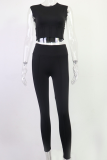 Black Sexy Solid Patchwork O Neck Sleeveless Two Pieces