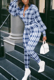 Blue Fashion Casual Adult Polyester Plaid Turndown Collar Skinny Jumpsuits