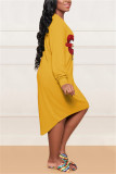 Yellow Fashion Casual Print Basic O Neck Printed Dress
