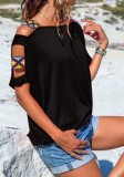 Black Fashion Casual Slash neck Hollow Out Solid Regular Tees & T-shirts