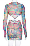 Colour Fashion Sexy Print Hollowed Out O Neck Long Sleeve Dresses