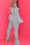 Grey Fashion Daily Adult Solid Bandage Halter Long Sleeve Hubble-Bubble Sleeve Short Two Pieces