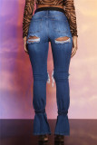 Baby Blue Fashion Casual Solid Ripped Hollowed Out Slit High Waist Regular Jeans