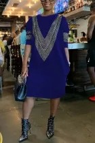 Blue Polyester Fashion Casual Street Half Sleeves Straight Mid-Calf Print diamonds Dresses