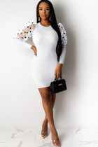 White Polyester Sexy Bubble sleeves Long Sleeves O neck Step Skirt Knee-Length Solid Patchwork
