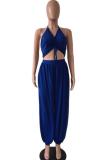 Blue Fashion Sexy Solid bandage Backless Slip Jumpsuits