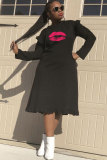 Black Fashion Sexy Cap Sleeve Long Sleeves O neck A-Line Knee-Length ruffle Patchwork Print Club Dresses