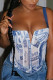 Blue Sexy Casual Spandex Patchwork Print Patchwork Backless Bateau Neck Tops