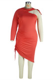 Tangerine Red Fashion Sexy Plus Size Solid Hollowed Out O Neck Irregular Dress