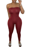 Wine Red Fashion Casual Solid Milk. Sleeveless Wrapped Jumpsuits