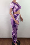purple Polyester Fashion Casual adult Ma'am Print Draped Two Piece Suits pencil Short Sleeve Two Pieces