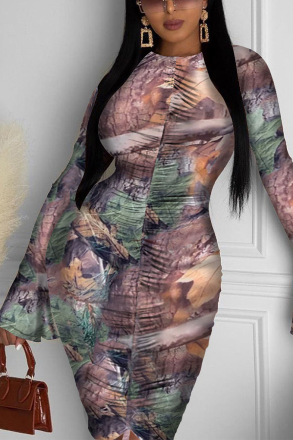 Multicolor Sexy Print O Neck Pencil Skirt Dresses