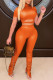Orange Solid Fold O Neck Long Sleeve Two Pieces