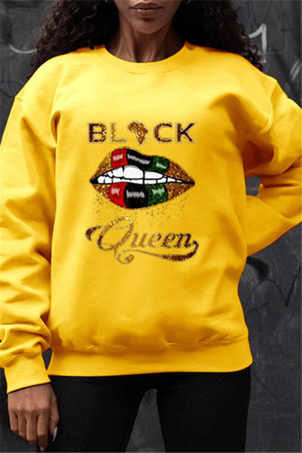 Yellow Fashion Casual O Neck Long Sleeve Regular Sleeve Regular Lips Printed Tops