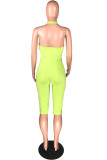 Fluorescent Green Fashion Sexy Solid Hollowed Out Backless Halter Skinny Romper