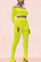 Fluorescent Yellow Polyester Sexy Europe and America Solid Draped pencil Long Sleeve Two Pieces