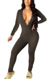Black Fashion Sexy Adult Polyester Solid Buttons V Neck Skinny Jumpsuits