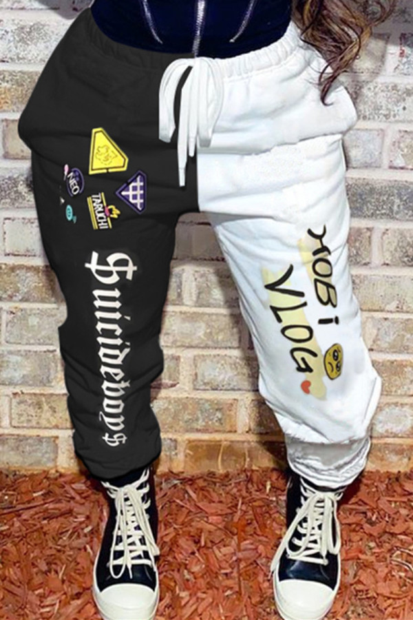 White Fashion Casual Print Basic Regular Mid Waist Patchwork Trousers