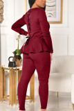 rose red Casual Polyester Solid Bandage Make Old Flounce O Neck Long Sleeve Regular Sleeve Regular Two Pieces