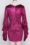 purple Polyester Sexy Ruffled Sleeve Long Sleeves V Neck Step Skirt skirt Solid Patchwork Club Dresses