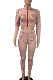 Nude Sexy Patchwork Hollowed Out Asymmetrical Turtleneck Long Sleeve Two Pieces
