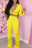 Yellow Polyester OL Solid Draped crop top Boot Cut Long Sleeve Two Pieces