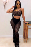 Black Lace Sexy Solid Two Piece Suits Boot Cut Sleeveless Two-piece Pants Set