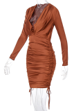Brown Sexy Solid Split Joint Draw String U Neck Long Sleeve Dresses