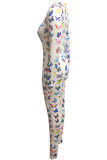 multicolor Fashion Sexy Print zipper Polyester Long Sleeve O Neck Jumpsuits