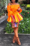 Tangerine Red Sexy Solid Patchwork Bateau Neck Pleated Dresses