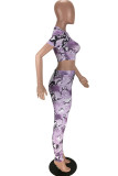 purple Polyester Fashion Sexy adult Ma'am Print serpentine Two Piece Suits pencil Short Sleeve Two Pieces